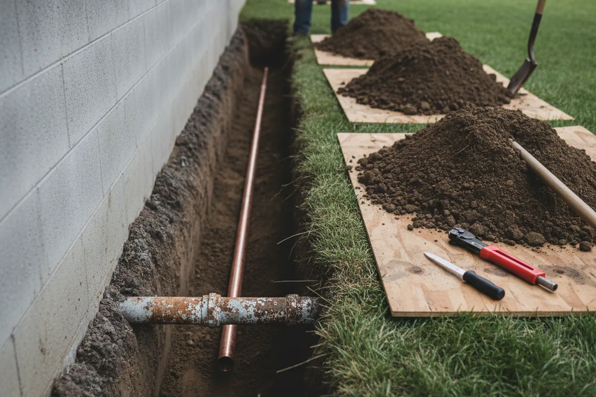 Excavated water line trench during Sewer Line Repair in Wells